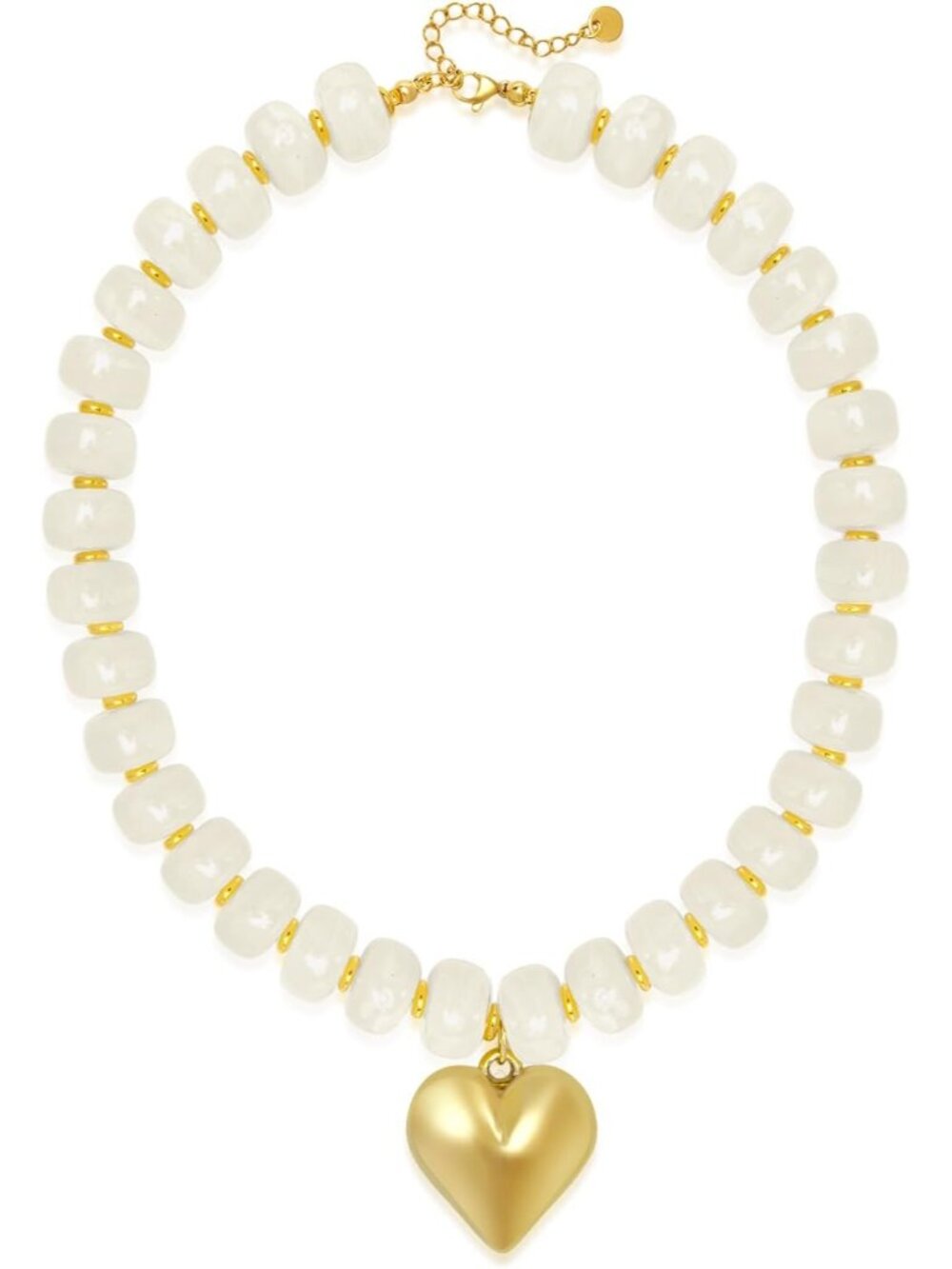 Women's White Resin Chunky Beaded Gold Heart Pendant Choker Necklace